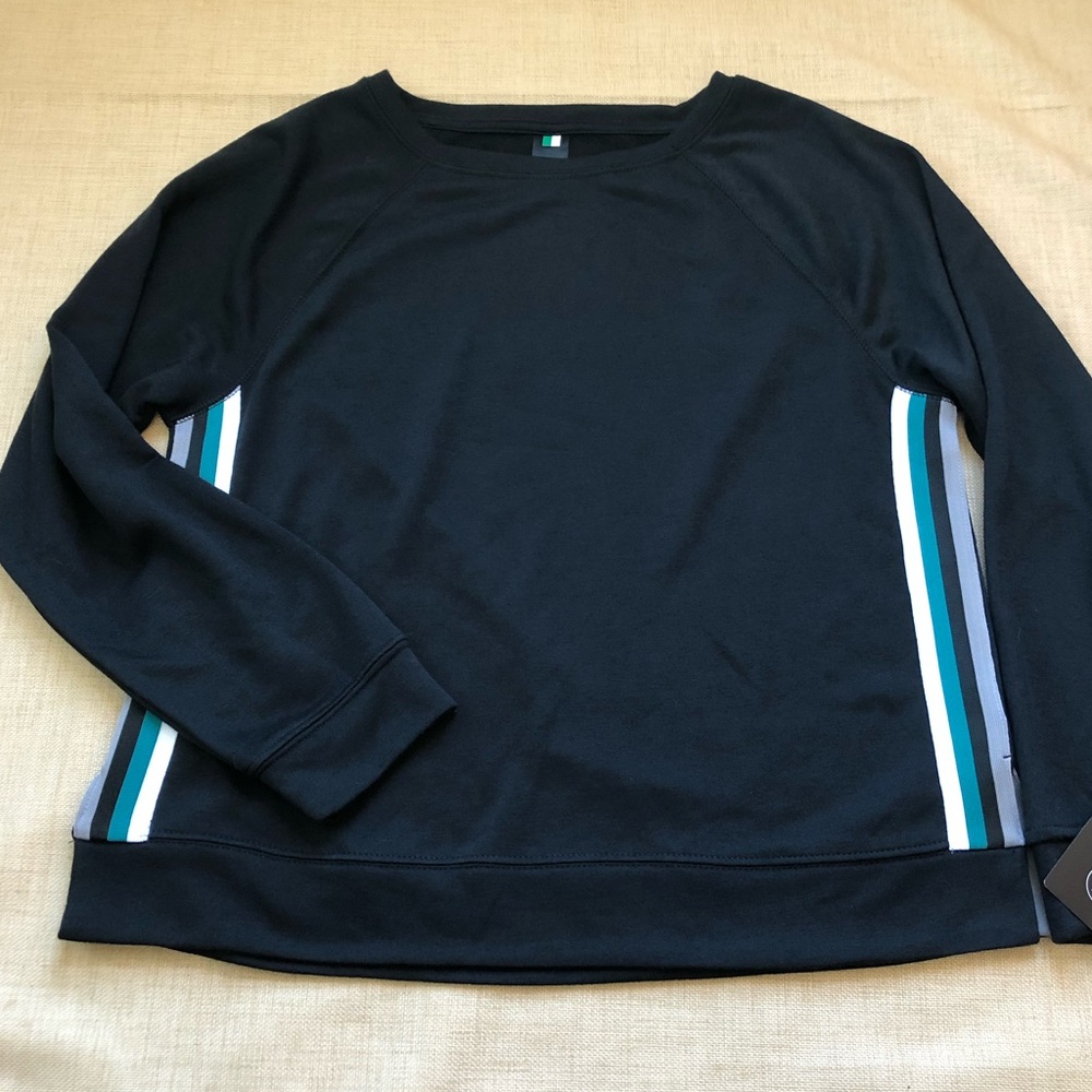 2Liv Round Neck Black Thin Long Sleeve Green Side Stripe Top